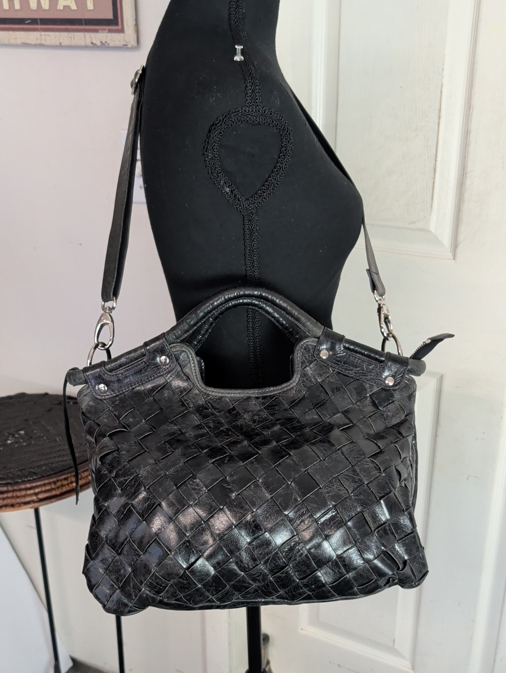 Latico Charcoal Distressed Woven Crossbody Bag Genuine Leather